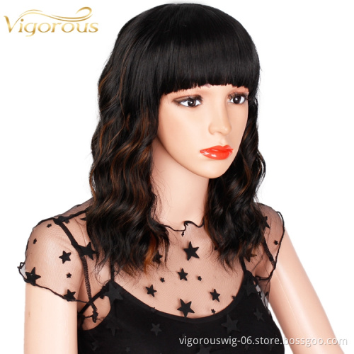 Vigorous Wavy Bob Wig with Bangs for Women Black Mixed Brown Color Synthetic Heat Resistant Fiber Hair for Black Women